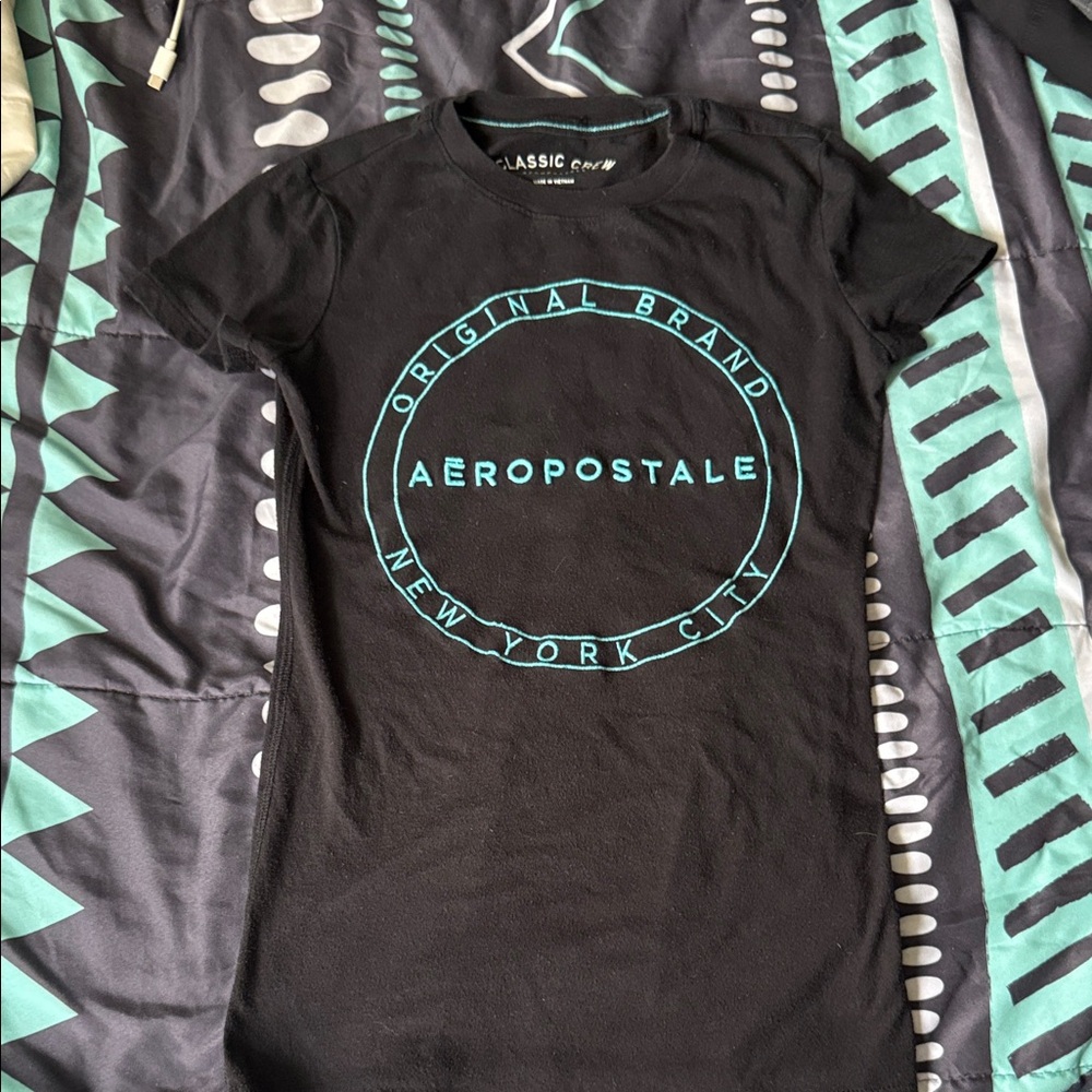 Aeropostale Black Crew Tee with Teal Details